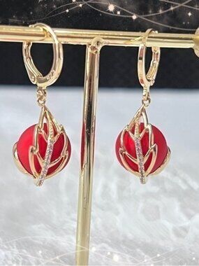 - - 18K GP  blue  red flower  hoop  Earrings